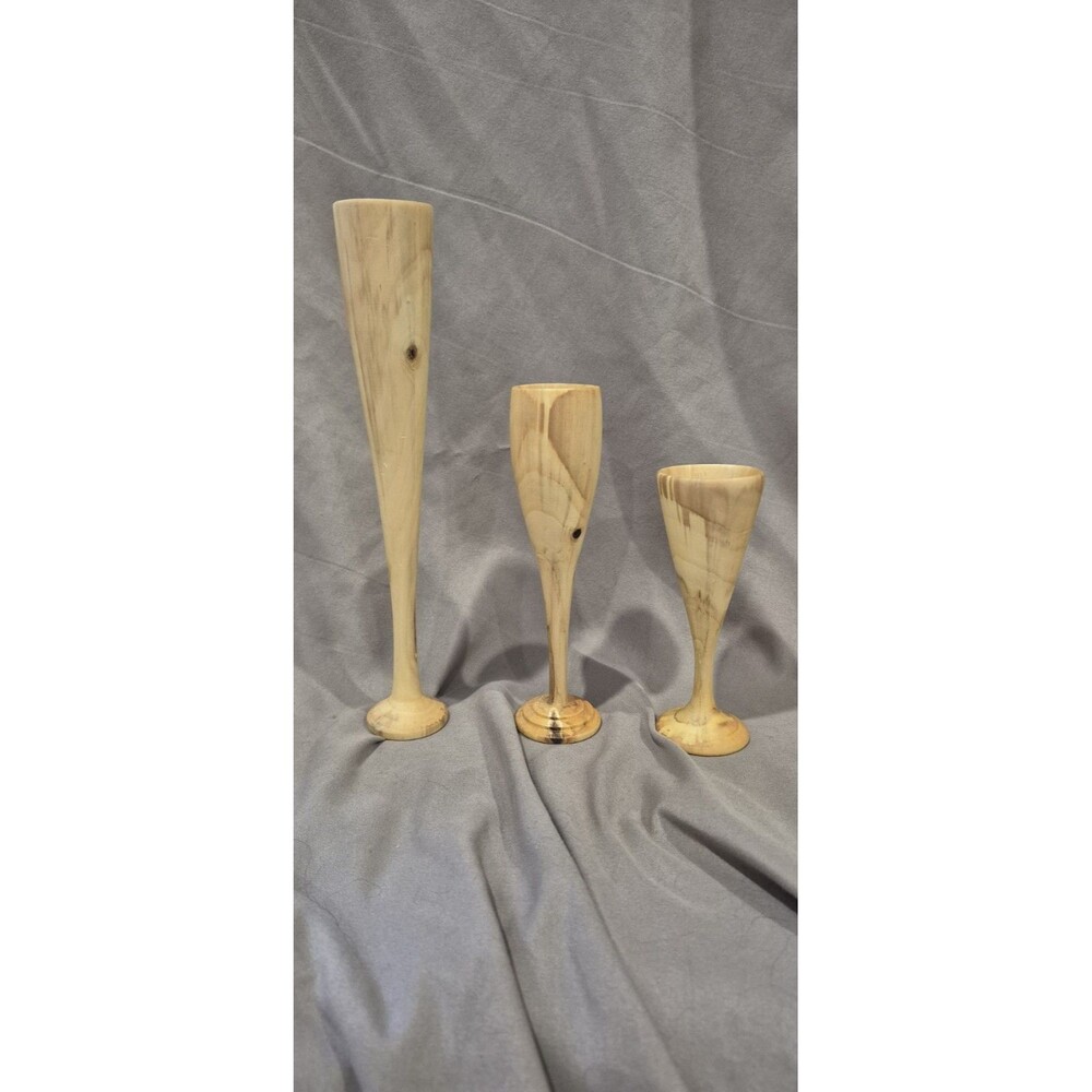 3 Wood Turned Goblets Or Candle Holders Light Wood Artisan 9" 6.25" 5" EUC